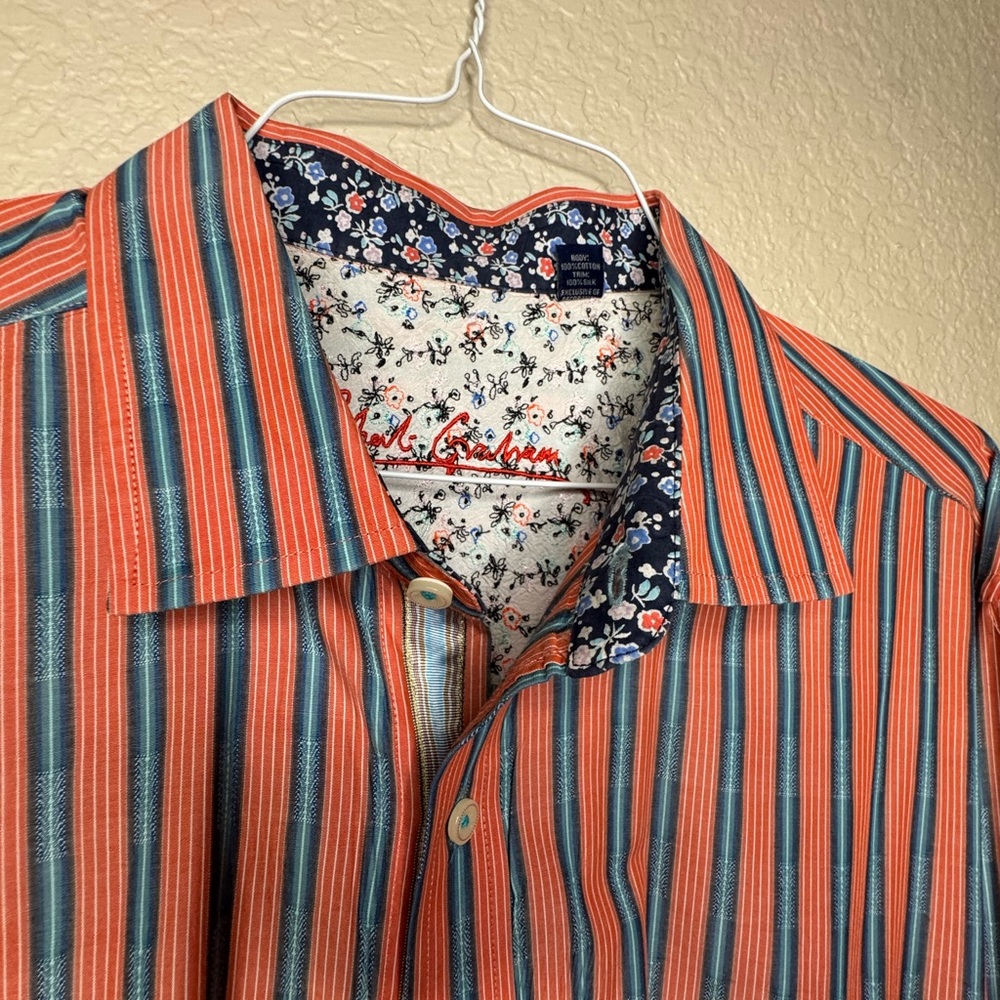 Robert Graham Orange and Blue Striped Button Up Dress Shirt